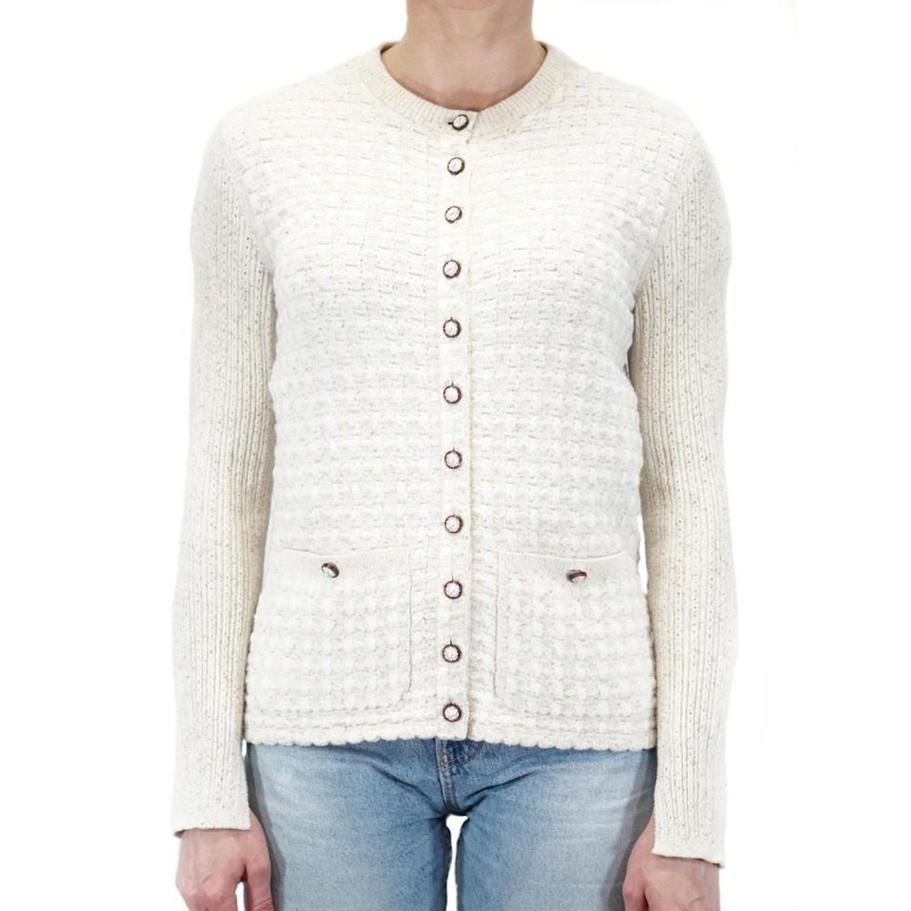 Chanel Textured Knit Front Buttons Accent Cardigan Sweater Cream Size 36 Small